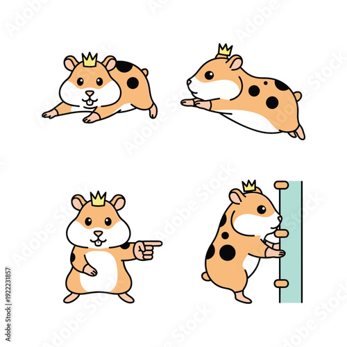 Cartoon guinea pig character in various poses with crown on white background