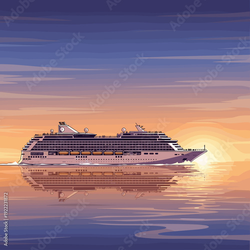 Cruise Ship Sailing During Vibrant Sunset at Sea