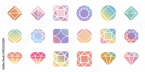 Collection of colorful gemstone shapes with gradient fills arranged in rows