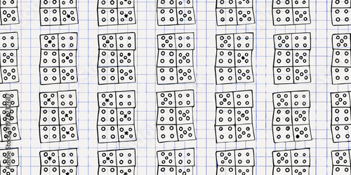 Numerous hand drawn dominoes scattered across a blue grid paper background