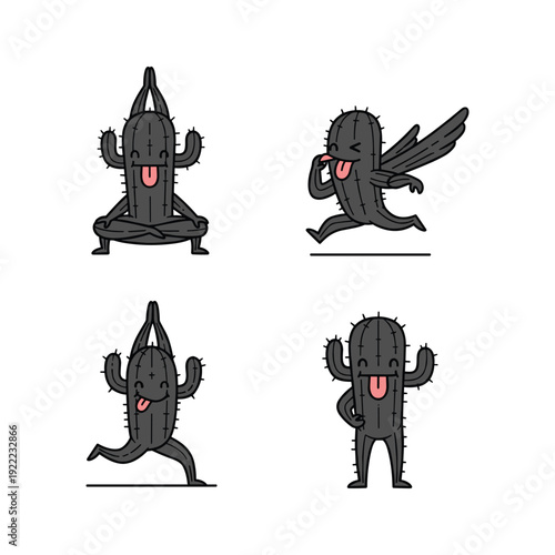 Cactus character performing yoga poses in a minimalist style