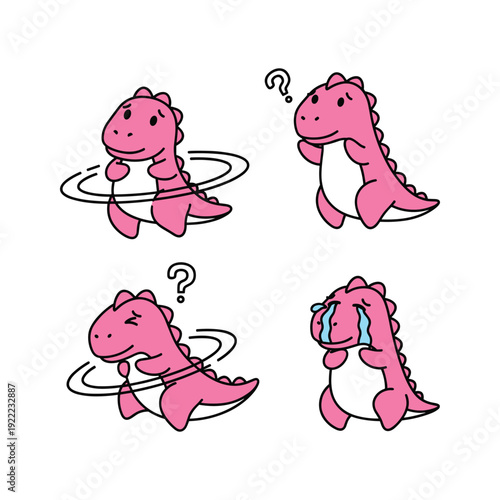 Cartoon dinosaur struggling with hula hoop in confusion and frustration