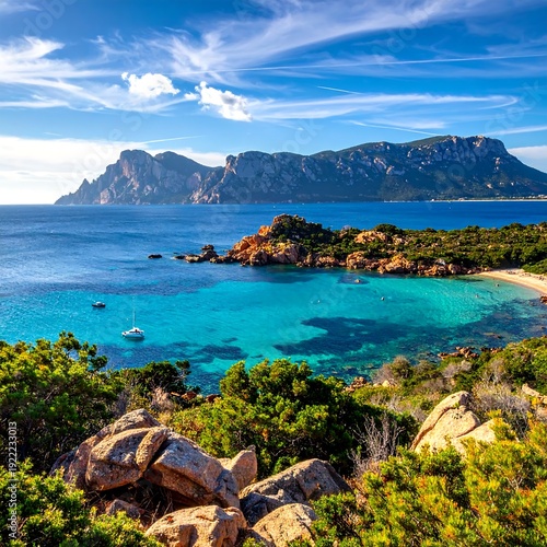 A serene coastal scene with turquoise waters and rugged mountains