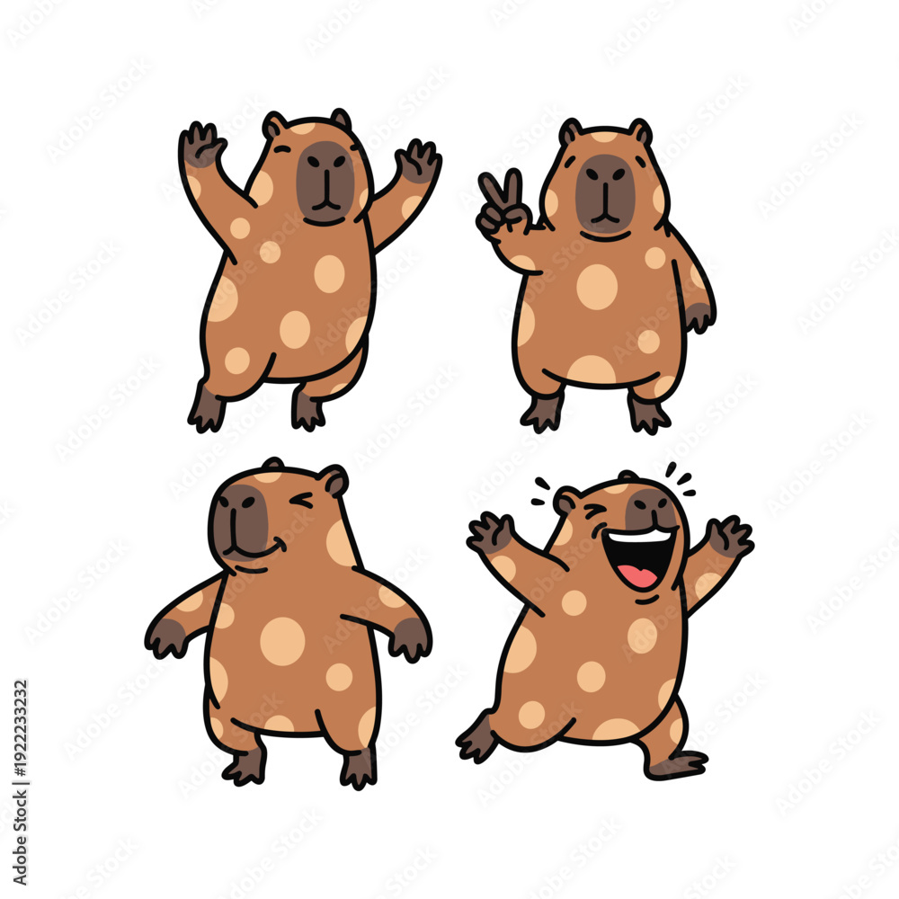 Fototapeta premium Cartoon capybara character showing different emotions and gestures on white background