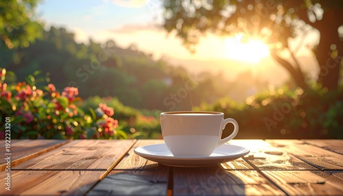 Steaming coffee cup on wooden table, overlooking a sunlit vista