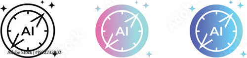 AI generated icon set, artificial intelligence compass with sparkle stars, creative digital solutions, futuristic technology logo, gradient circular buttons.
