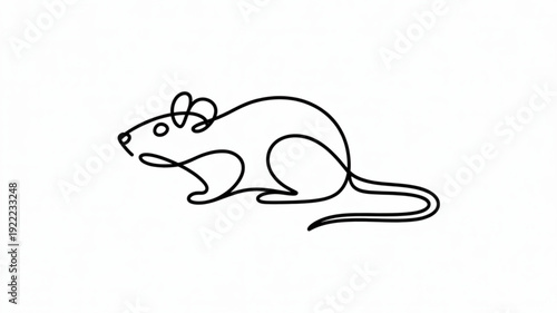 Continuous line drawing of a running mouse with bow on head minimalist style white background