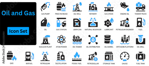 Oil and Gas solid icon set contains Oil Well, Oil Rig, Oil Platform, Oil Tanker, Pipeline and more. Solid icons set. 