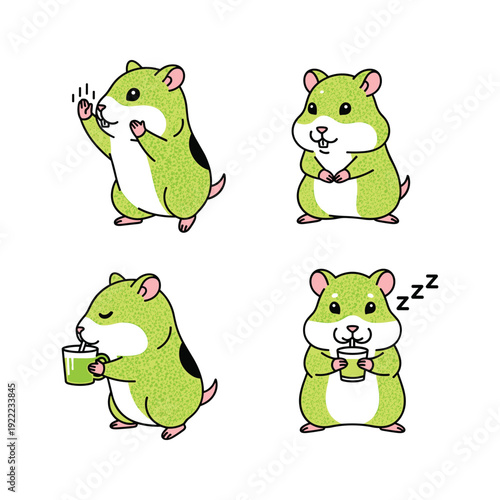 Cartoon hamster in various humorous poses with coffee and sleep