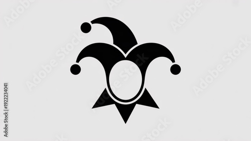Black jester's hat icon with three pointed tips and balls on a light grey background