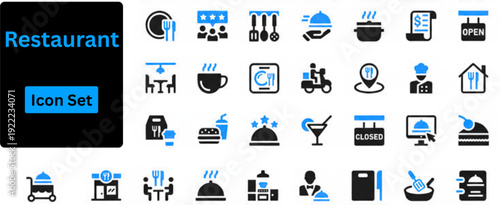 Restaurant solid icon set contains dinner reservation, restaurant sign, seated group, server with tray, clinking. Solid icons set. 