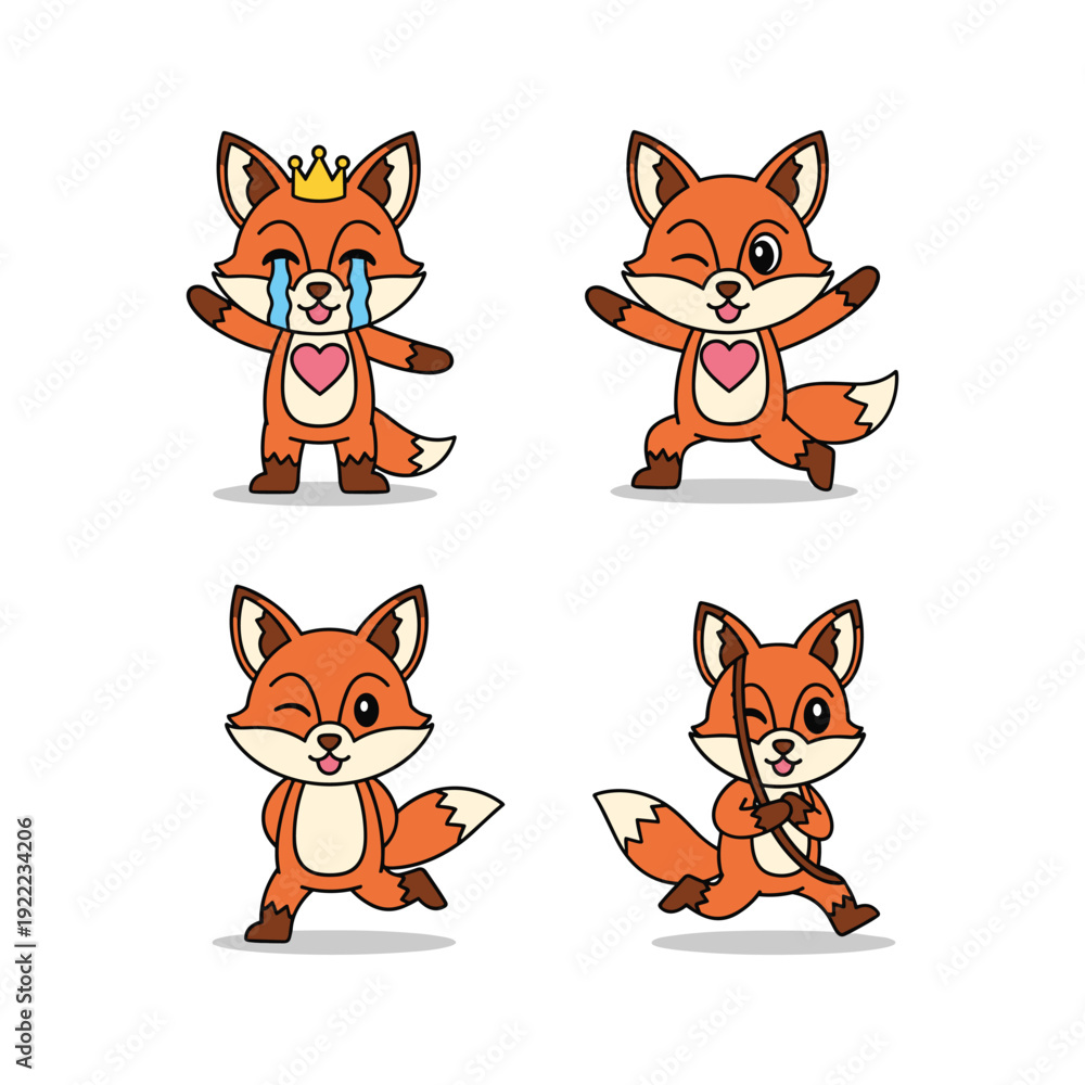 Obraz premium Cartoon Fox Characters Showing Different Emotions and Actions
