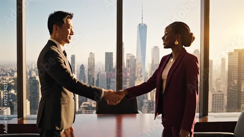 Business Handshake Deal in Modern Office with City View