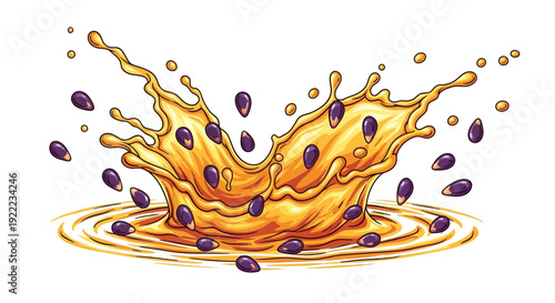 A vibrant orange juice splash with purple seeds, captured from a top-down viewpoint, showcasing the dynamic liquid motion and ripples in the surrounding pool.