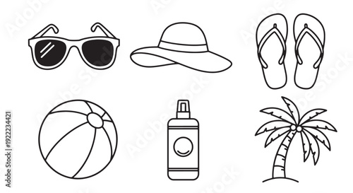 Summer Accessories Flat Outline Stroke Vector Icon Pack with Sunglasses, Sun Hat, Flip Flops, Beach Ball, Sunscreen Bottle, Palm Tree