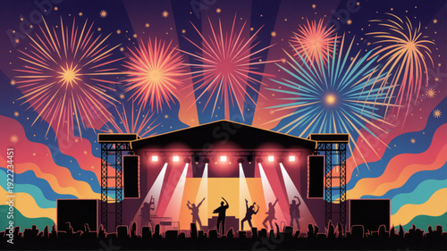 Music festival stage with fireworks display at night colorful lights and crowd silhouettes vibrant atmosphere