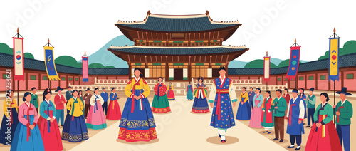 Flat vector illustration of a traditional Korean hanbok fashion show in a palace courtyard featuring people in vibrant colorful clothing, historical architecture, and decorative cultural banners.