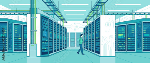 Flat vector illustration of a modern data center server room with glowing racks, cable management, and a technician using a tablet for network maintenance in a high-tech cloud computing facility.