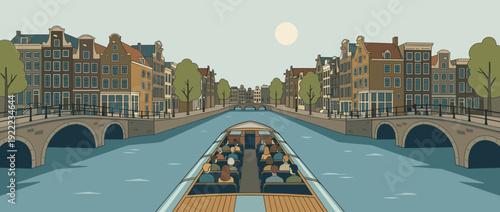 Flat Vector Illustration of a Canal Boat Cruise Through a European City with Historic Gabled Buildings, Stone Bridges, and Passengers Enjoying a Scenic Tour in Amsterdam Style at Sunset.