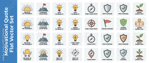 Set of 30 Motivational Quote and Affirmation Vector Icons in Flat Design. Inspirational Symbols for Growth, Strength, Success, and Self-Improvement featuring Mountains, Lightbulbs, and Shields.