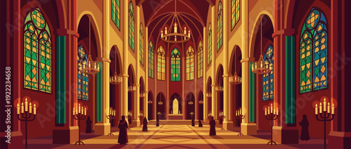 Majestic gothic cathedral interior with stained glass windows, glowing candles, and robed figures in a flat vector style. Architectural church design with vaulted ceilings and warm lighting.