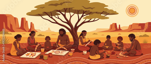 Flat Vector Illustration of a Traditional Aboriginal Dot Painting Workshop in the Australian Outback; Indigenous People, Men, Women, and Children, Creating Art Under a Tree in Desert Landscape.