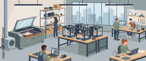 Modern Makerspace and Fab Lab Flat Vector Illustration Featuring People Using 3D Printers, Laser Cutters, and Soldering Tools in a Collaborative Creative Workspace for Engineering and Design.