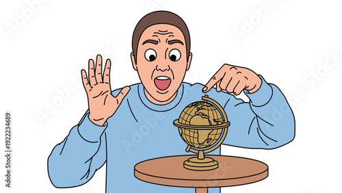 Shocked man pointing at a golden world globe, global discovery concept illustration