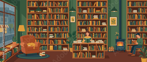 Cozy Bookstore Interior Flat Vector Illustration with Floor-to-Ceiling Bookshelves, People Reading by a Fireplace, a Sleeping Cat on an Armchair, and Rain Outside the Window in a Warm Library.