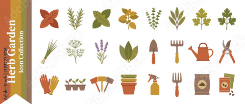 Flat Design Herb Garden Icon Set with 24 Vector Illustrations of Culinary Herbs, Gardening Tools, and Equipment in Warm Earthy Colors like Terracotta and Olive Green for Planting and Harvesting