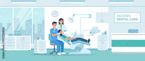 Modern Dental Clinic Interior Vector Illustration with Professional Dentist and Assistant Treating a Patient in a Medical Chair, Clean Healthcare Environment with Equipment and Reception.