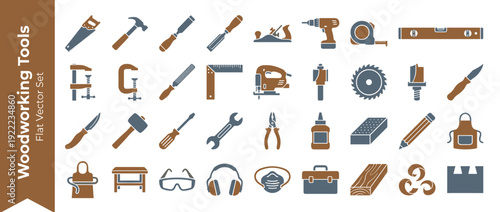 Woodworking and Carpentry Tools Icon Set with 30 Flat Vector Illustrations of Professional Hand and Power Tools for Woodwork, Joinery, DIY Projects, Construction, and Crafting in Duotone Colors.