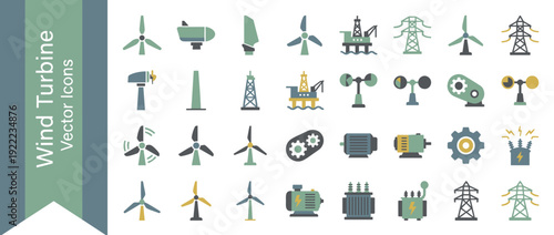Comprehensive set of 32 wind turbine and renewable energy icons featuring wind farm components like blades, nacelles, towers, offshore platforms, generators, and power lines in flat design.