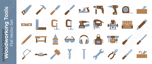 Comprehensive Flat Vector Icon Set of 30 Woodworking and Carpentry Tools in Duotone Style Featuring Hammer, Saw, Drill, Chisel, Plane, Workbench, Safety Gear, and Hand Tools for DIY Workshops