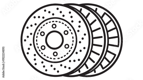 Brake discs line icon with ventilated drilled rotor outline, automotive spare part symbol for car service, repair shop, mechanical engineering and vehicle safety