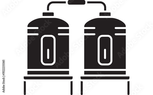 Fermentation tanks icon pair with connected piping, black glyph silhouette of brewery or winery stainless steel vessels for industrial beverage production signage