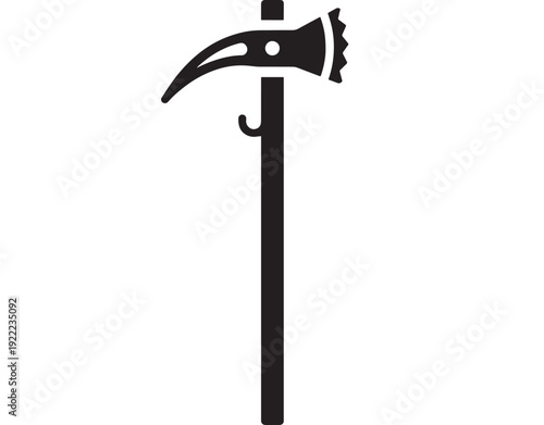Pickaxe mining tool icon with curved beak head and long handle, black silhouette pictogram isolated on white background for excavation, geology, construction, industry