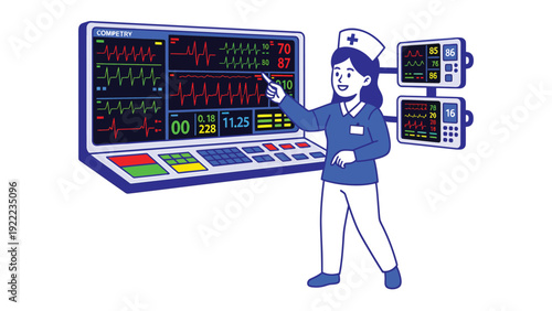 Nurse monitoring vital signs on a large medical display. Healthcare technology, patient data, and professional care illustration.