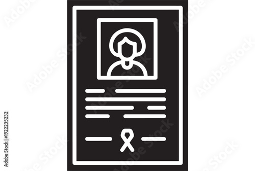 Certificate death icon with portrait frame and ribbon seal, black and white flat silhouette pictogram for obituary, memorial document, funeral notice, and loss concept