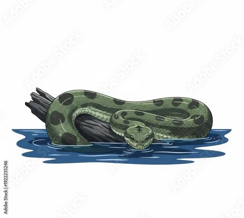 Powerful green snake, similar to anaconda, with dark markings, coiled around a log in water. Partially submerged, it shows its formidable presence in its aquatic environment
