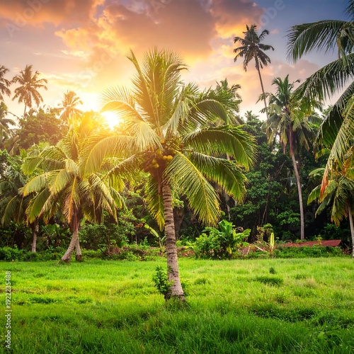 A serene tropical landscape with palm trees at sunset