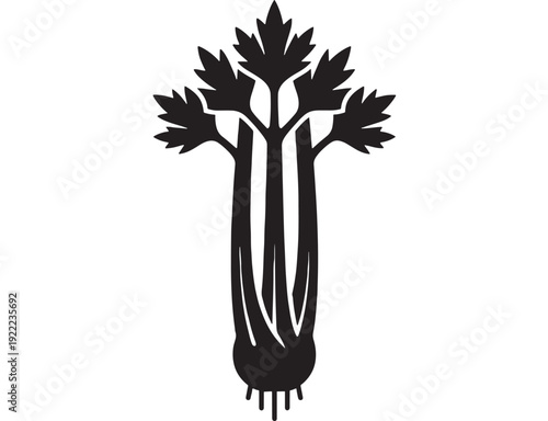 Celery vegetable silhouette icon with leafy stalks and root base, minimal black glyph isolated on white background for food label, kitchen menu, and nutrition design