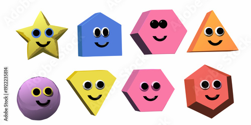 Colorful geometric shapes with smiling faces arranged on a white background