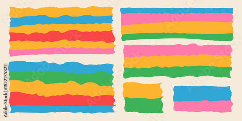 Colorful torn paper strips arranged in a grid pattern on a beige background