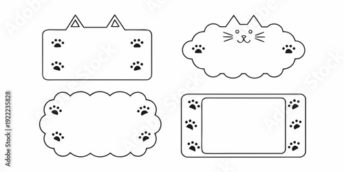 Four whimsical black and white frames featuring paw prints and cat motifs