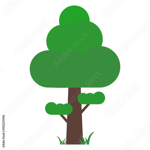 Flat Vector Tree Icon Illustration with Green Foliage and Grass Elements