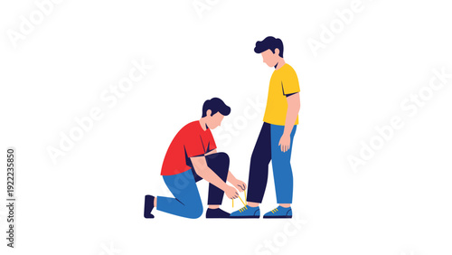 Kneeling person tying shoelace for standing individual. Concept of help, care, and support. Flat vector illustration.