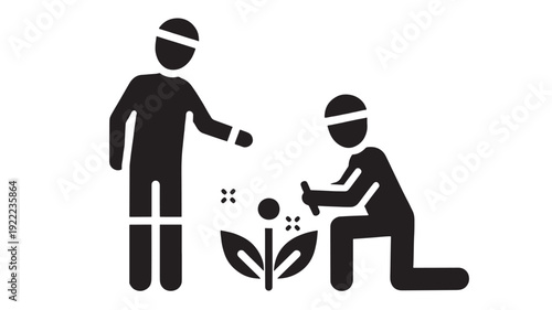 Gardeners planting flower icon with kneeling person gardening and standing helper, black silhouette pictogram for community garden, farming, outdoor work, and nature care