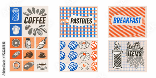 Retro styled illustrations depicting coffee pastries and breakfast items