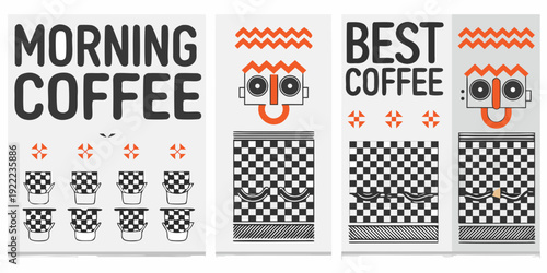 Graphic design featuring coffee cups chessboards and text elements